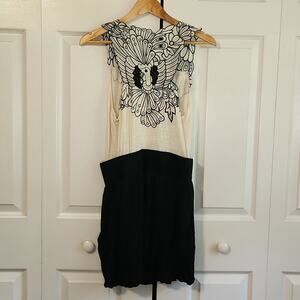 Aina Be Women's Cream & Black Embroidered Bubble Hem Mini Dress Size Med Bird